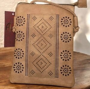 Tan Boho Laser Cut Crossbody Bag | Western Festival Shoulder Purse | NWT